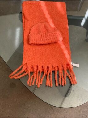 COS Orange Knit Scarf with Matching Beanie